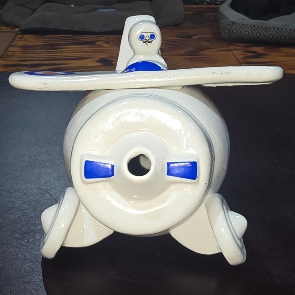 Vintage Ceramic Biplane Novelty Teapot White with Blue and Red Roundel Pilot Lid